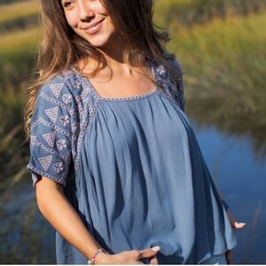 Natural Life Slate Blue Embroidered Blouse
